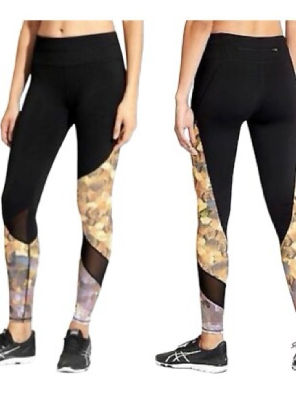 Athleta Black Leggings with Neutral Mosaic Print